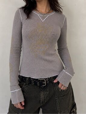 Vintage Y2K Hard Tail Forever Thermal Top Gray Waffle Knit Graphic Long Sleeve L